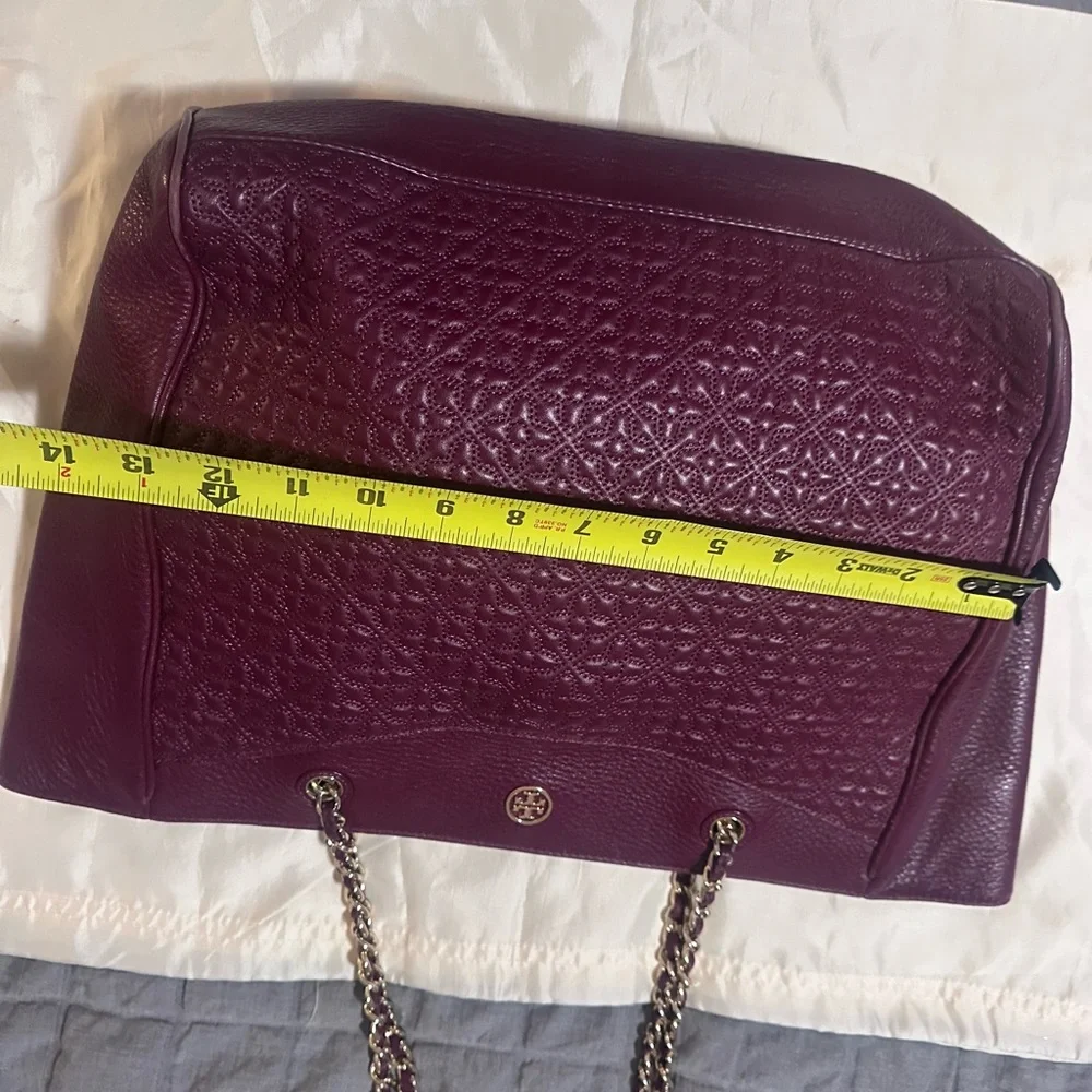 Tory Burch Burgundy Quilted Tote with Chain Straps